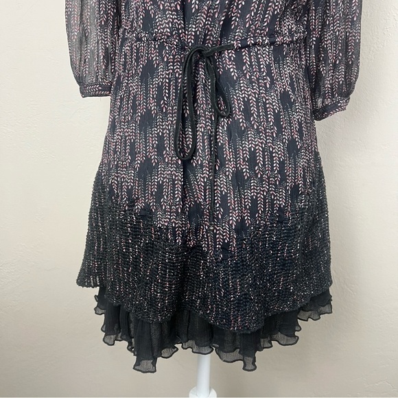 Free People Floral Boho Folk Leather Drawstring Chiffon Mini Dress Size Small - Picture 3 of 13